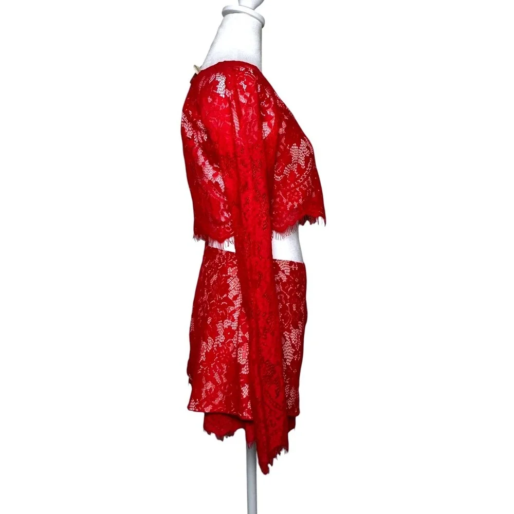 The Jetset Diaries Red Floral Lace Two Piece Set Crop Top and Shorts S/XS